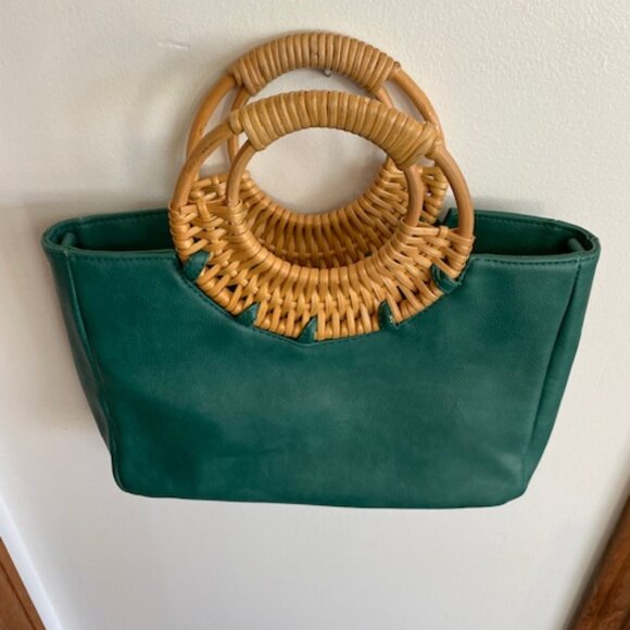 ANTHROPOLOGIE Marianne Green Tote Bag Wicker Handle - Picture 3 of 16